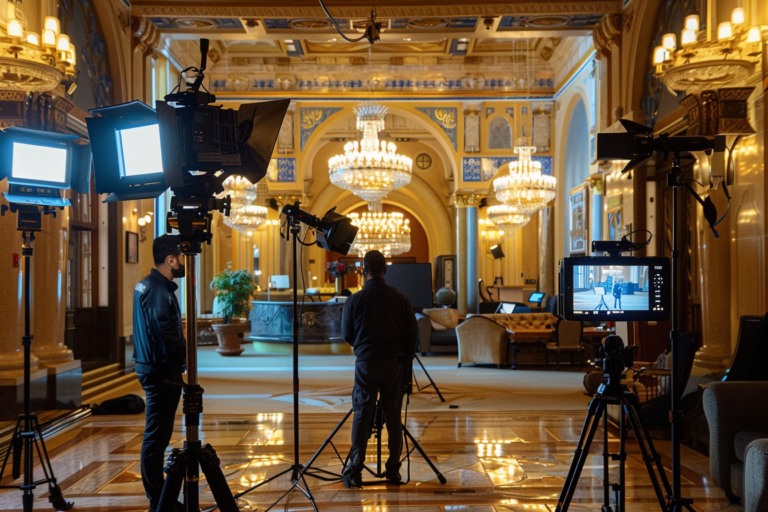 Egy profi videós stáb a szállodai lobbiban, amint éppen forgat