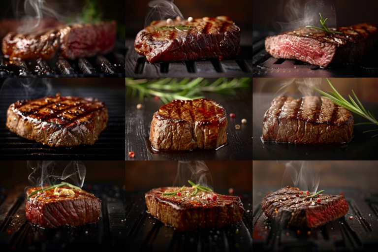 Képek sorozata, amely különböző steak fajtákat mutat be közelről. Az ételek különböző textúrái és szaftossága kiemelve