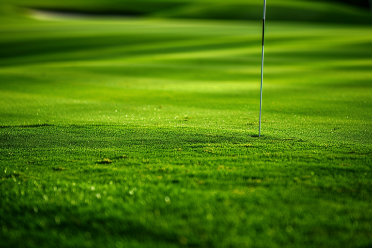 A golfpálya ikonikus szakaszának közeli felvétele, ahol a golfzászlók és a zöld pázsit dominálnak