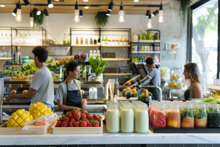 Egy modern, barátságos smoothie bár belső képe, ahol a pult mögött mosolygó személyzet készíti az italokat