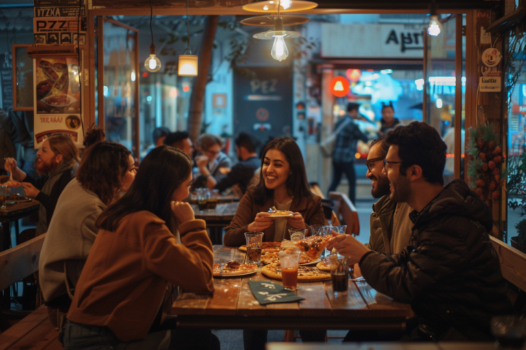 Egy pizzéria külső homlokzata vagy belső tere, ahol a vendégek mosolyognak és együtt étkeznek