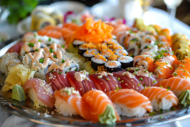 kép egy elegánsan tálalt sushi tálról, amelyen különböző típusú sushi található