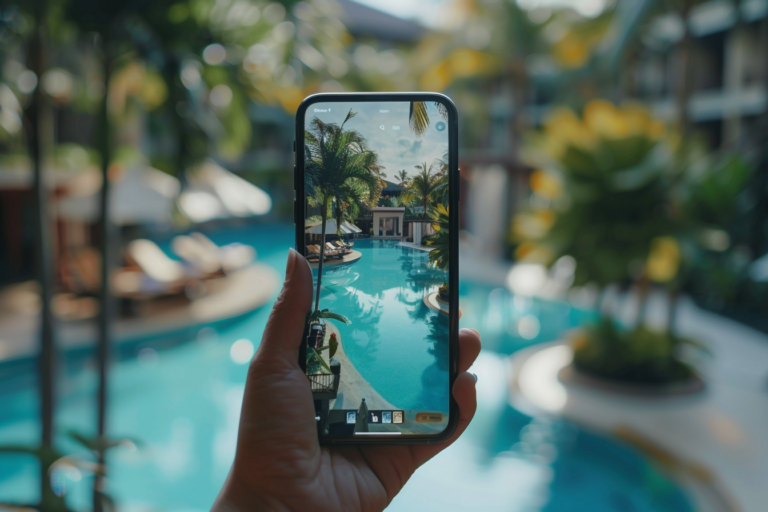 Egy ember néz videót a telefonján, amely egy luxus szállodát mutat be