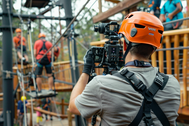 Egy videós csapat forgat a parkban, miközben látogatók izgalmas tevékenységekben vesznek részt, például zipline-oznak vagy kötélpályán másznak
