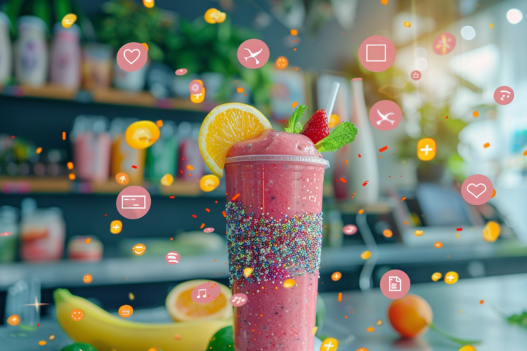 Egy közösségi média feed, ahol egy smoothie bár videós posztja kiemelkedik a többi tartalom közül, és az emberek megosztják, lájkolják