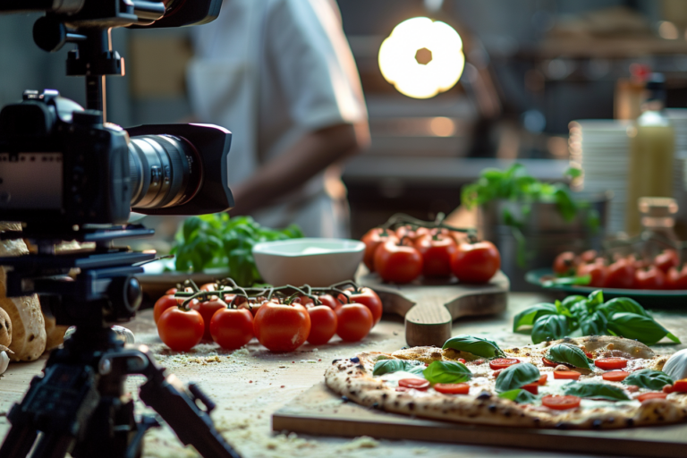 Egy kamera, amely egy pizzasütési jelenetet rögzít, ahol a pizzakészítő dolgozik, és a friss alapanyagok az előtérben láthatók