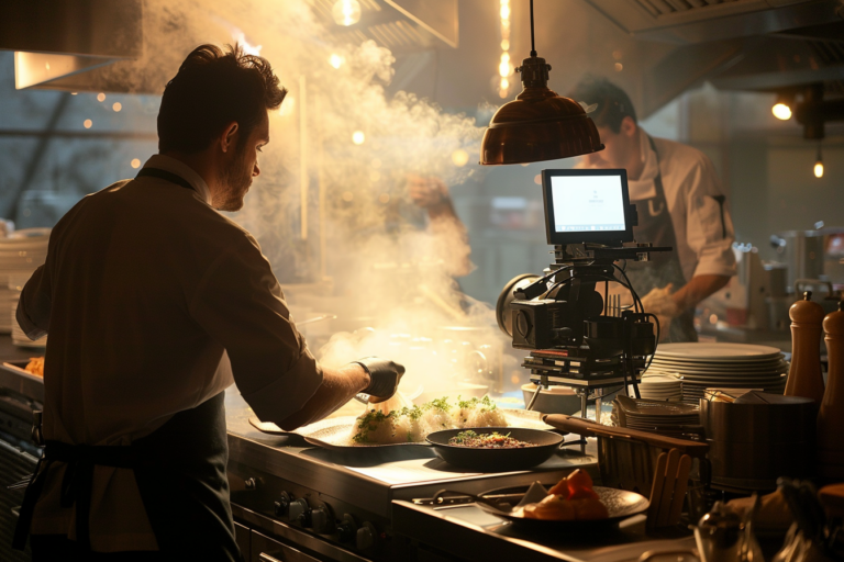 Egy fine dining étteremben készült reklámvideó forgatás közbeni pillanata