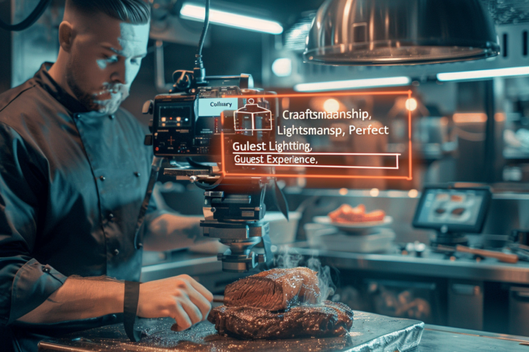 Egy videós stáb munka közben, amint a steakhouse-ban forgatnak