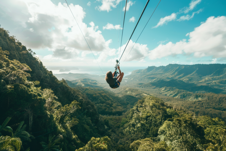 Egy zipline használó ember látható, miközben magasban suhan, alatta erdők és völgyek terülnek el