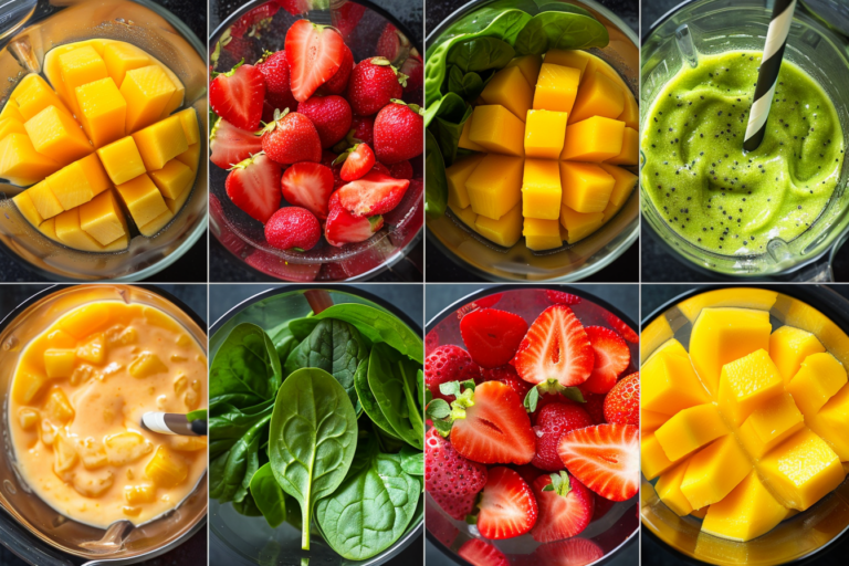 Egy friss smoothie készítési folyamat lépésről lépésre: közelkép a friss gyümölcsökről, a turmixolási folyamat, és a végén a szépen díszített ital