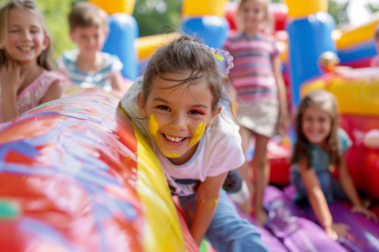 Gyerekek ugrálnak egy ugrálóvárban, míg mások arcfestést kapnak