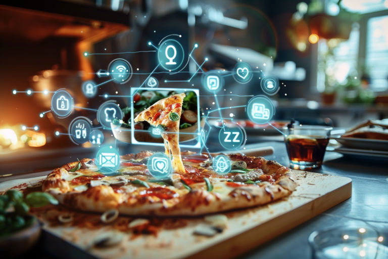 Egy számítógép vagy mobiltelefon képernyője, amelyen egy pizzéria videó hirdetése fut a közösségi médiában