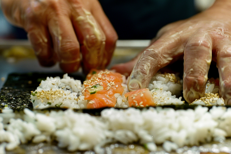 Közeli kép a sushi készítéséről, ahol a friss alapanyagok (hal, rizs, algalap) vannak kiemelve