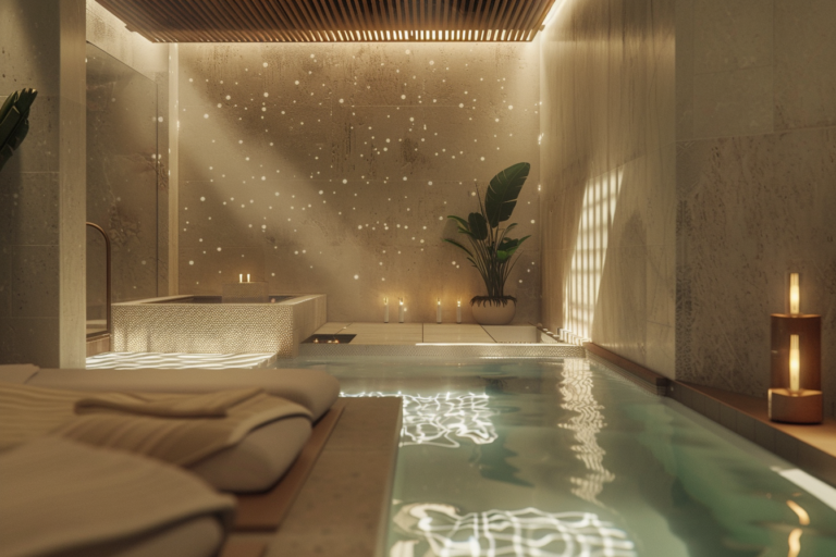 Egy kép, amely egy spa-részleget mutat, vendégek pihennek egy medencében, szaunában vagy masszázst vesznek igénybe