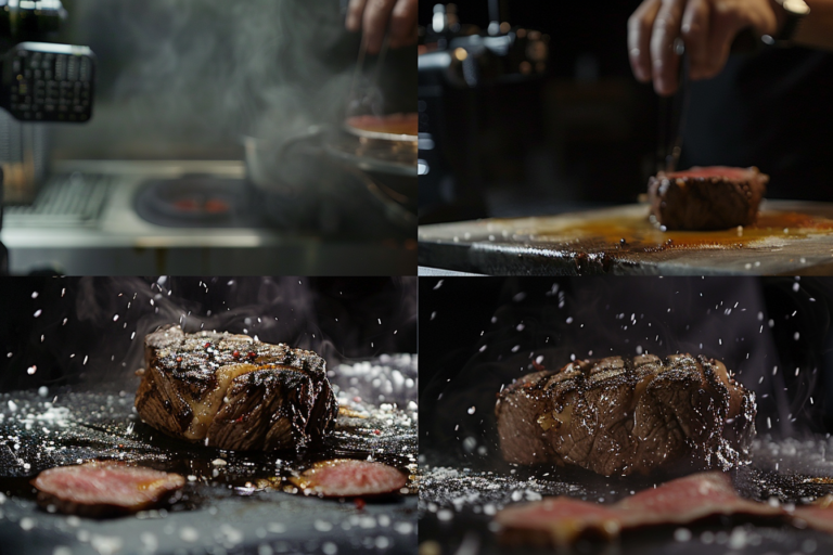 Egy steak bemutatása több különböző kameraállásból