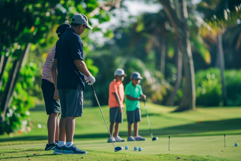 Profi oktató, aki golfórát tart fiatal játékosoknak, bemutatva a tanulás és fejlődés folyamatát