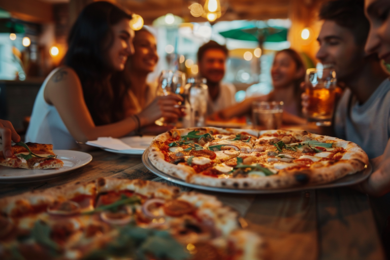 Egy család vagy baráti társaság boldogan eszik pizzát a pizzériában, egy hangulatos, meleg környezetben.