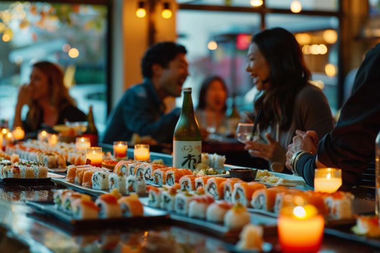 Kép baráti társaságokról és családokról, akik mosolyognak, élvezik az ételt a sushi bárban