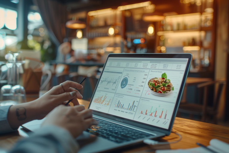 Egy diagram vagy infografika részlet a laptop képernyőjén, amely az étterem marketingstratégiáit és gazdasági eredményeit mutatja