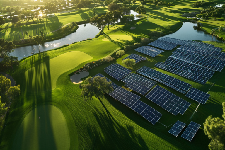A golfpálya környezetvédelmi kezdeményezéseit bemutató kép, például víztakarékos öntözőrendszerek vagy napenergia használata