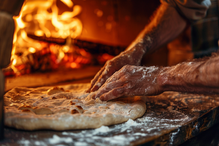 Egy pizzakészítő kezei a tésztát gyúrják és nyújtják, közvetlenül a kemence előtt