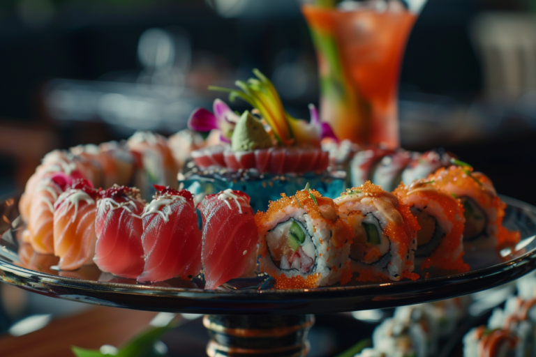 Kép egy sushi tálról, amely különleges, kreatív tálalásban van, mellette egy pohár sake vagy egy látványos koktél