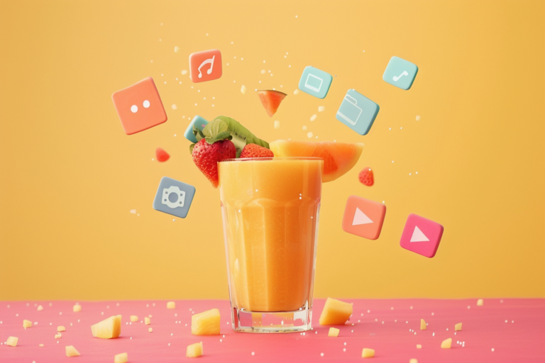 Egy egyszerű, vizuálisan letisztult kép egy kész smoothie-ról, körülötte különféle videós ikonokkal