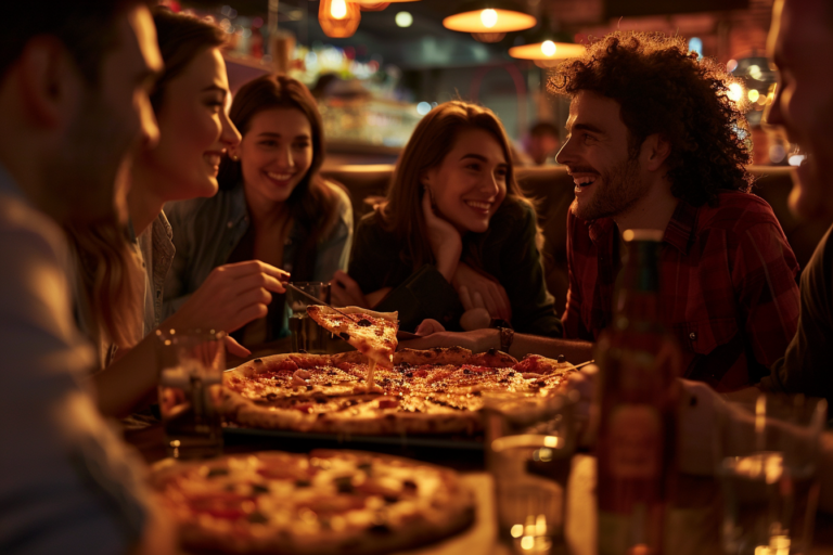 Vendégek, akik a pizzériában mosolyognak, beszélgetnek, miközben élvezik a pizzájukat