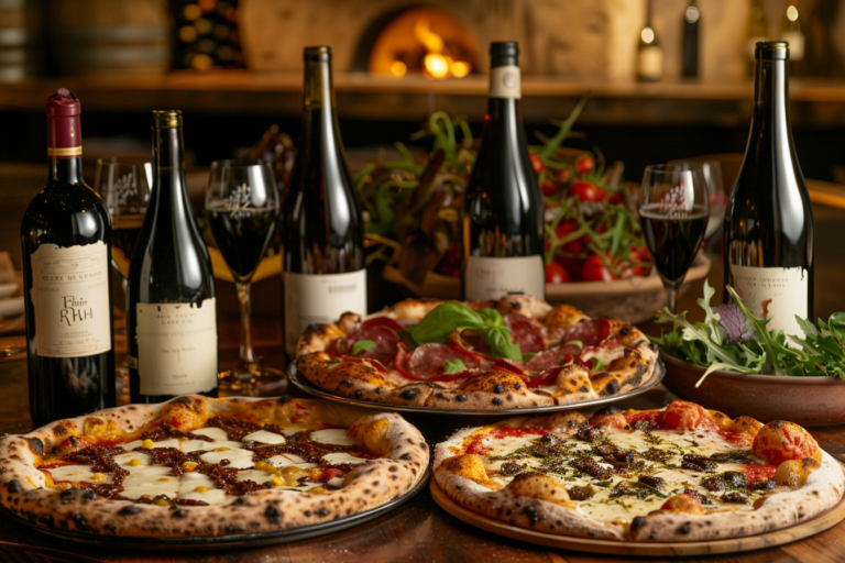 Egy asztal, amin kézműves pizzák és válogatott borok vagy kézműves sörök láthatók