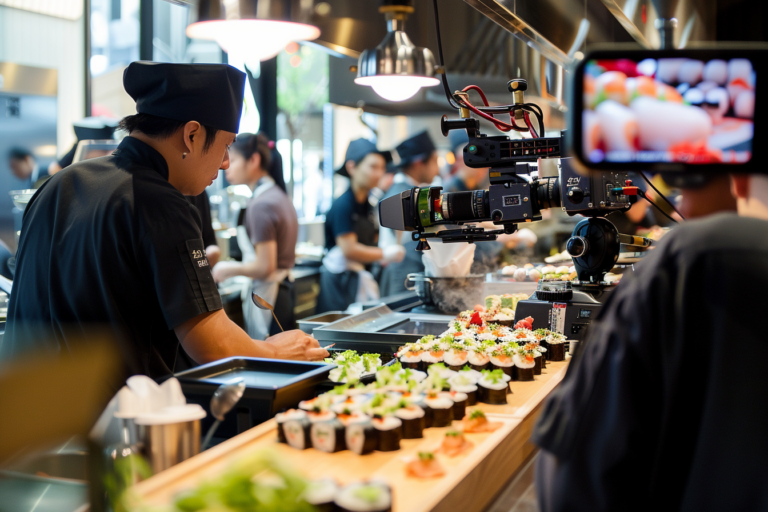 Kép egy forgatásról, ahol a stáb professzionális felszereléssel rögzíti a sushi készítését és a vendégek reakcióit