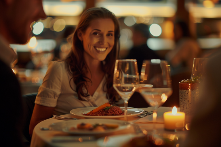 Egy sikeres fine dining reklámvideó pillanata, ahol boldog vendégek élvezik az étkezést