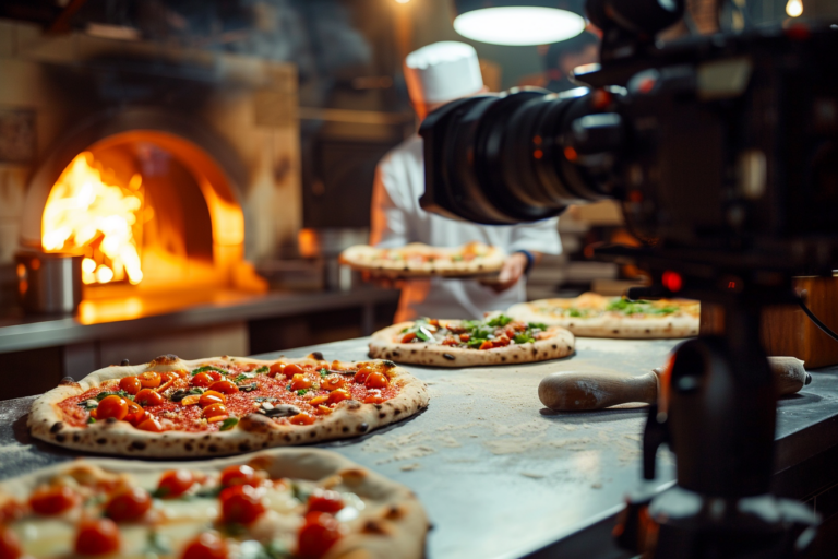 Egy látványos bár vagy pizzéria belső tér, amelyben az egyedi dekoráció és hangulatvilágítás dominál